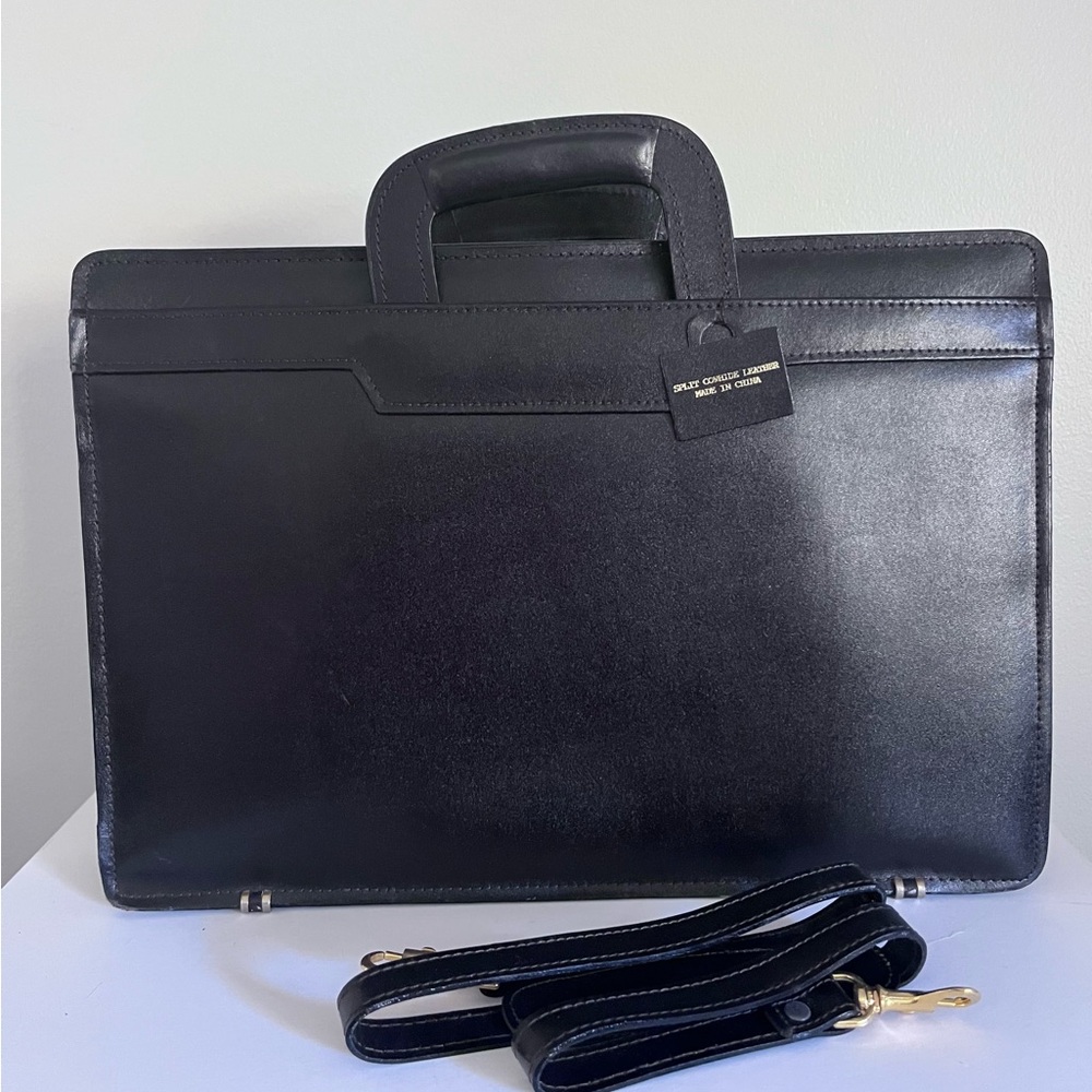 Black Leather Vintage Briefcase Messenger Bag w/ Multi Pocket Crossbody Strap